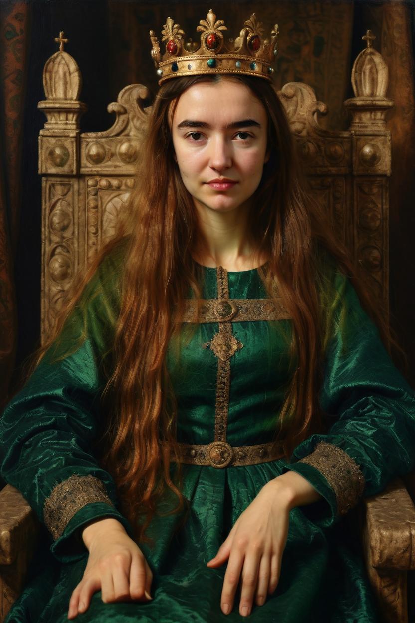 Artificial Intelligence (AI) generated image art, woman, on a medieval royal portrait, by jan van eyck, wearing a green medieval dress and a crown on her head, sitting on a throne, with long, wavy and frizzy hair, oil painting