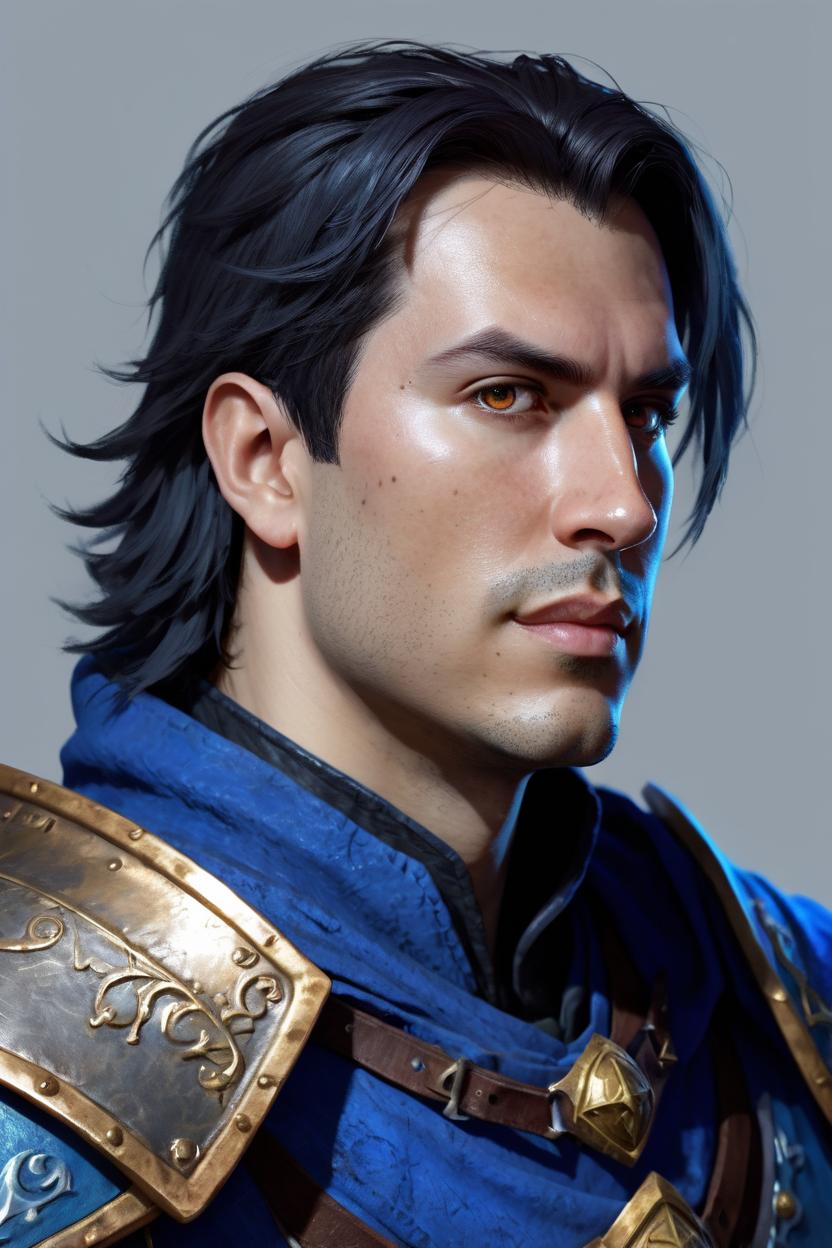 Artificial Intelligence (AI) generated image art, man, as a d&d fantasy paladin with blue cloakd and mid lenght hair