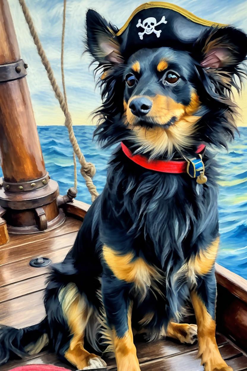 Artificial Intelligence (AI) generated image art, dog,as the captain of a pirate ship, in oil pastel style, sailing on a ship