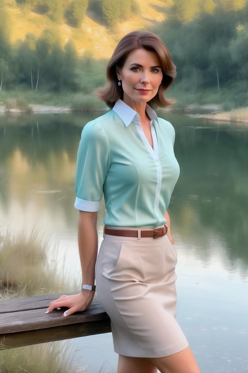 Artificial Intelligence (AI) generated image art, woman, good-looking half-body depiction of a beautiful woman, wearing a figure-hugging pastel-colored blouse with short sleeves and a v-neckline it has a tailored, waist-length fit combined with a pencil skirt in white, light pumps with stiletto heels, medium-length brown hair, 35 years old, gaussian blur, mysterious, romantic, friendly but serious expression, standing at an enchanted lake