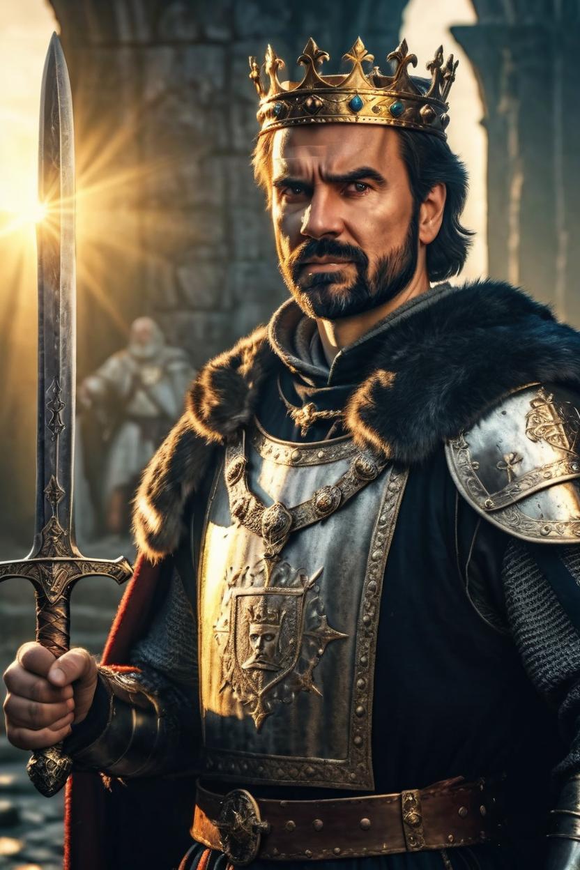 Artificial Intelligence (AI) generated image art, man, medieval King Arthur with a crown and sword, photo-realistic image, 4k, golden hour, epic scene, cinematic lighting