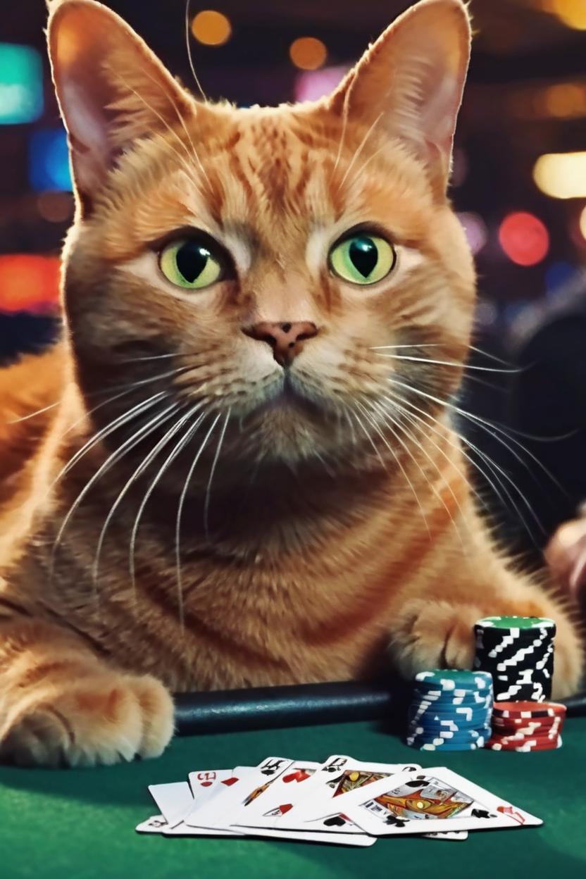 Artificial Intelligence (AI) generated image art, cat, playing poker, casino background, dnd artstyle, colorful vibrant eye catching, shorthair ginger cat, mischievous look on his face, he's all in and all bets are off, he knows he's won the poker game, he doesn't have a pokerface because he can't hide his smirk as the blackjack dealer shouts he's won, game set match, casino background, smokey atmosphere, poker cards,
