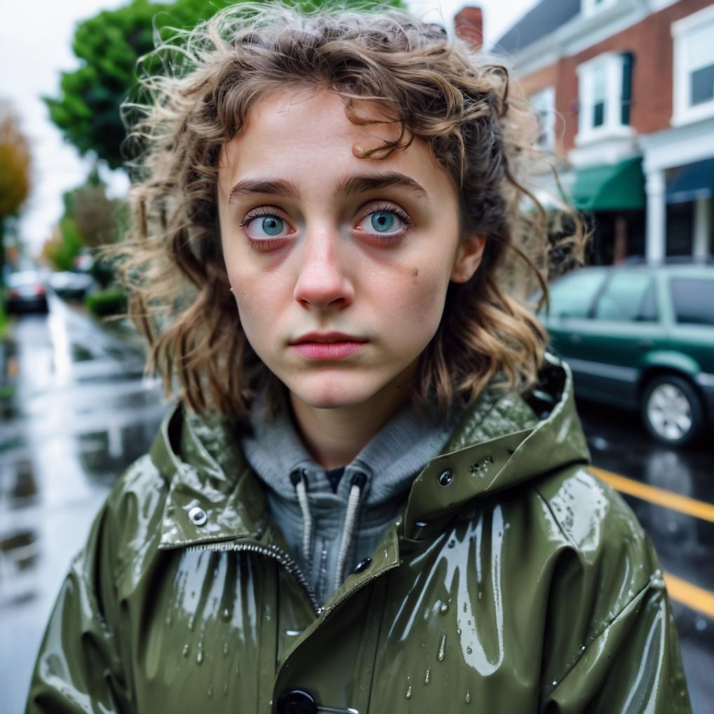 Artificial Intelligence (AI) generated image art, woman, young, 21, cute girl, eyes, feminine, intricate detail, wide angle, ultra detailed, instagram model, 4k, photo, realistic, standing on a suburban street in the rain, wearing an olive green jacket, layered clothing, she is wet, her hair is long and wet, somber expression, very dark and gloomy clouds, (photorealistic),