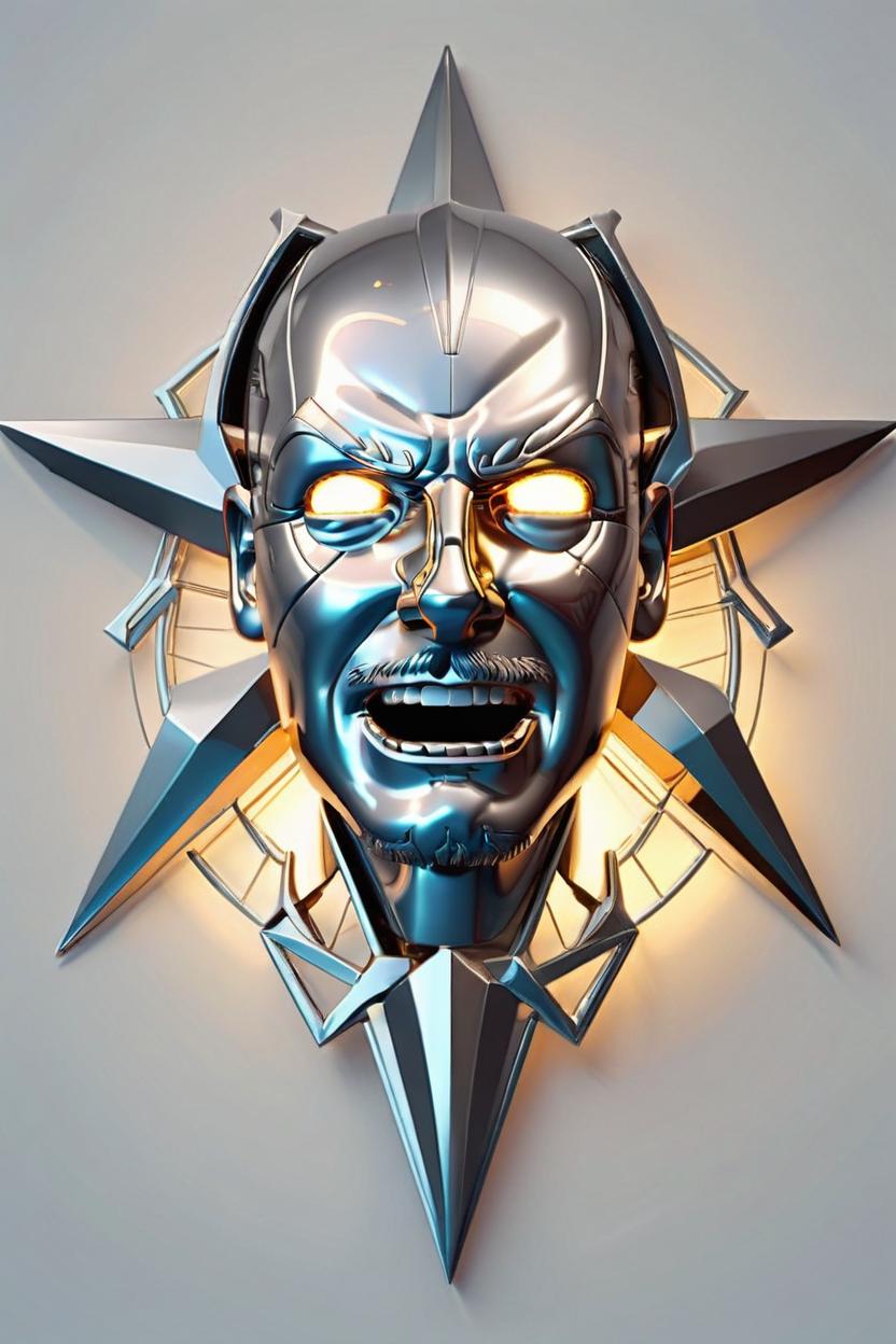 Artificial Intelligence (AI) generated image art, man, high quality logo, made in chrome metal, geometry, vector, symmetry, realism, ray tracing, logo design