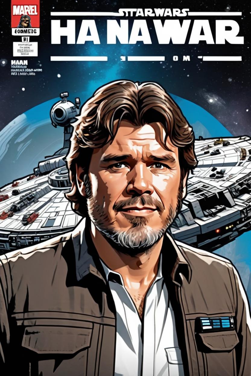 Artificial Intelligence (AI) generated image art, man, handsome man, As Han Solo from Star Wars comics. Cover art by David Nakayama. Chewbacca in the background. Standing in front of the millennium falcon, in a space shipyard. Comic book style.