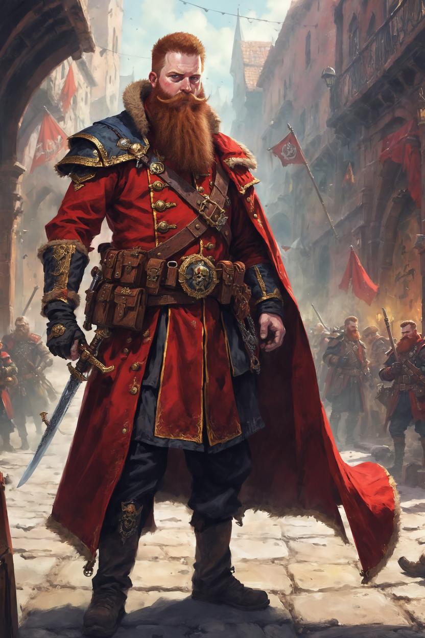 Artificial Intelligence (AI) generated image art, man, as a rogue trader of the Imperium, with a chainsword, red clothing, big beard and mostache, art by Artur Nakhodkin, by Sandy Mitchell, Warhammer 40K artwork"