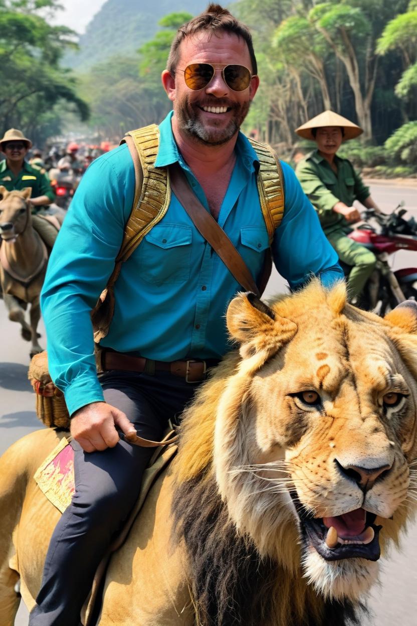 Artificial Intelligence (AI) generated image art, man, as Chuck Norris riding a lion through Vietnam in an 80s theme