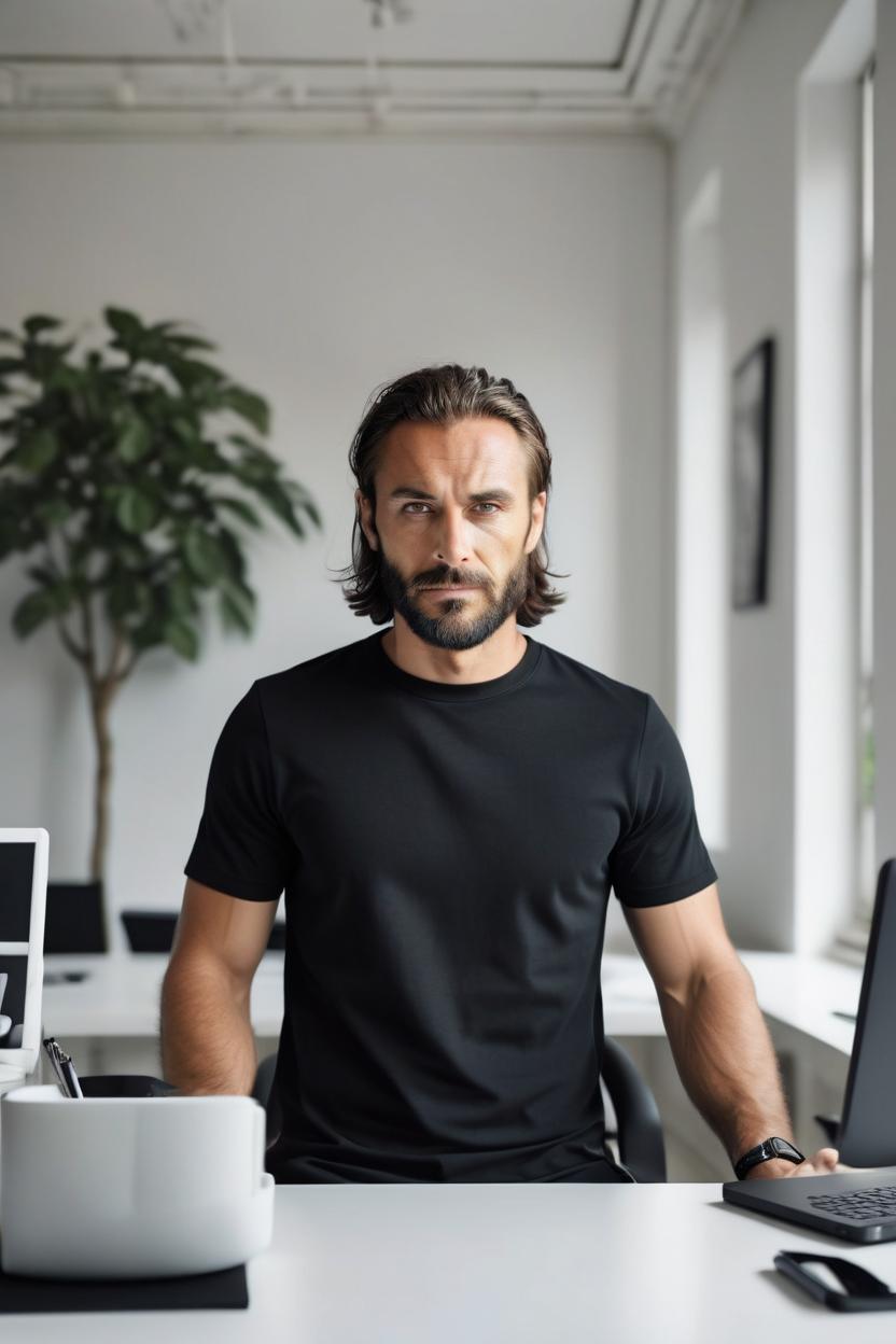 Artificial Intelligence (AI) generated image art, modern, minimalist workspace, focused man at a white desk, surrounded by objects of productivity and personal care, high resolution photograph, used camera Sony 9 II with Sony FE 100 till 400mm f 4.5 till 5.6 GM OSS lens, emulating a high contrast, positioned straight on for a candid shot, natural sunlighting through a large window, wearing a casual black over fit T shirt, engrossed in work on laptop with detail, an airy, well-lit room, tidy desk with personal items, blend of wellness and work, soft sunlight, diffused daylight illuminates the scene, attention to me engagement with man task and the neat arrangement of workspace, tranquility of a productive morning, a seamless blend of comfort and focus, high detailing, realistic, UHD, many details
