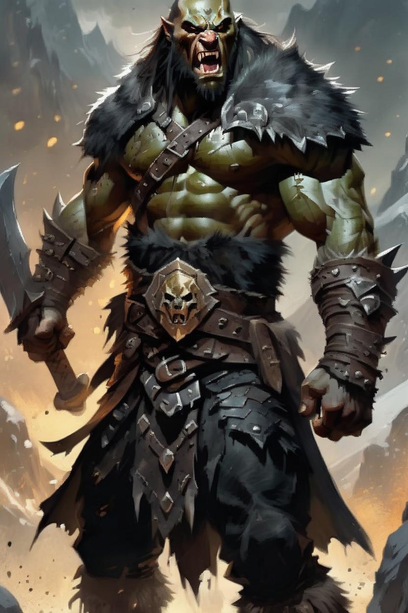 Artificial Intelligence (AI) generated image art, man, (fantasy barbarian), bodybuilder, wearing a black wolf hide cape, dnd, art by Greg Rutkowski, dawn, mountains in background, highly detailed, sharp focus, 4k, skullet hairstyle, long hair bald head, large fangs, screaming in rage, wearing a metal belt made entirely of copper and brass with a Davey jones belt buckle