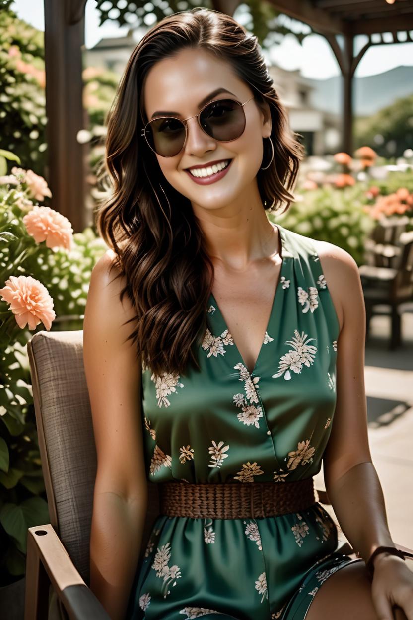 Artificial Intelligence (AI) generated image art, woman, full body, side profile, candid portrait, Shot on Hasselblad H6D-400c lens, ultra high definition, ultra-realism, ultra realistic. woman sits in a chair on a patio underneath a pergola covered in flowers. She’s wearing a green romper with dark brown sandals. Her hair is in a braid. She is wearing dark brown trendy sunglasses. Unaware of the camera, someone takes a picture as she is mid-laugh.