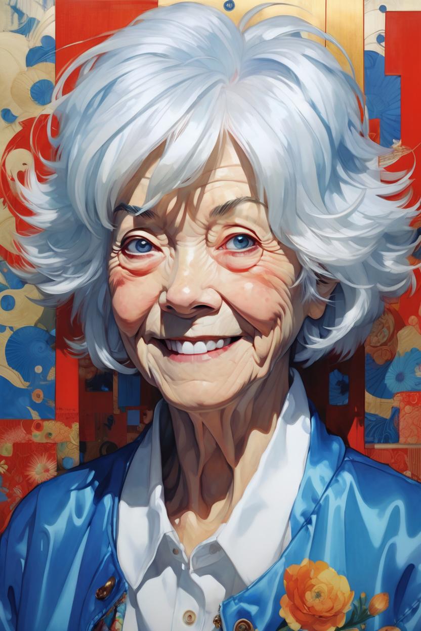 Artificial Intelligence (AI) generated image art, woman, figurative unique features portrait soft light painted by james jean and katsuhiro otomo and erik jones, inspired by akira anime, she is age 70 years old but has a youthful appearance, face feature, intricate oil painting, high detail illustration, sharp high detail, manga and anime, white skin, soft dull blue eyes, short blonde white hair, beautiful older woman, happy, happy birthday