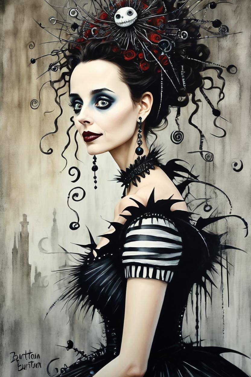 Artificial Intelligence (AI) generated image art, woman, tim burton style animation, masterpiece art painting