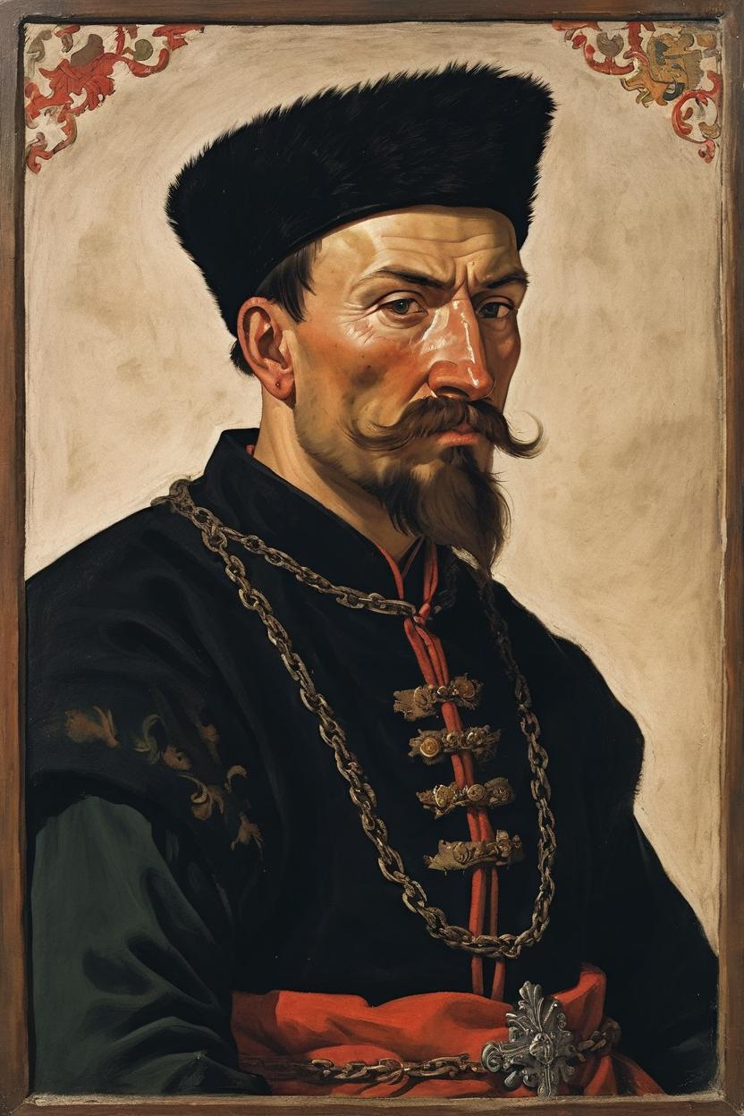 Artificial Intelligence (AI) generated image art, A painting depicting man as a Polish medieval nobleman, a Sarmatian, with a Cossack-style haircut, long nobleman's mustache, dressed in traditional attire.