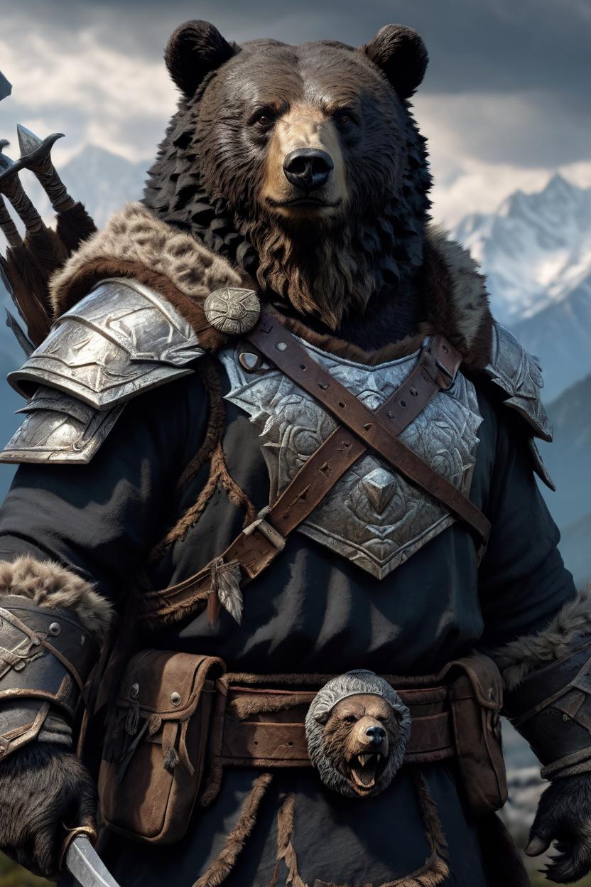 Artificial Intelligence (AI) generated image art, man as a fantasy warrior, with war bear by side, (portrait), dnd, (dark dramatic mountains in background), art by Greg Rutkowski, highly detailed, sharp focus, 4k