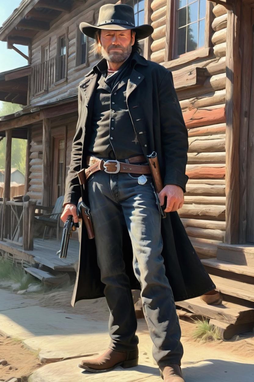 Artificial Intelligence (AI) generated image art, man, as western gunslinger, the outlaw josey wales, full length, mysterious looking, very detailed, photo realistic