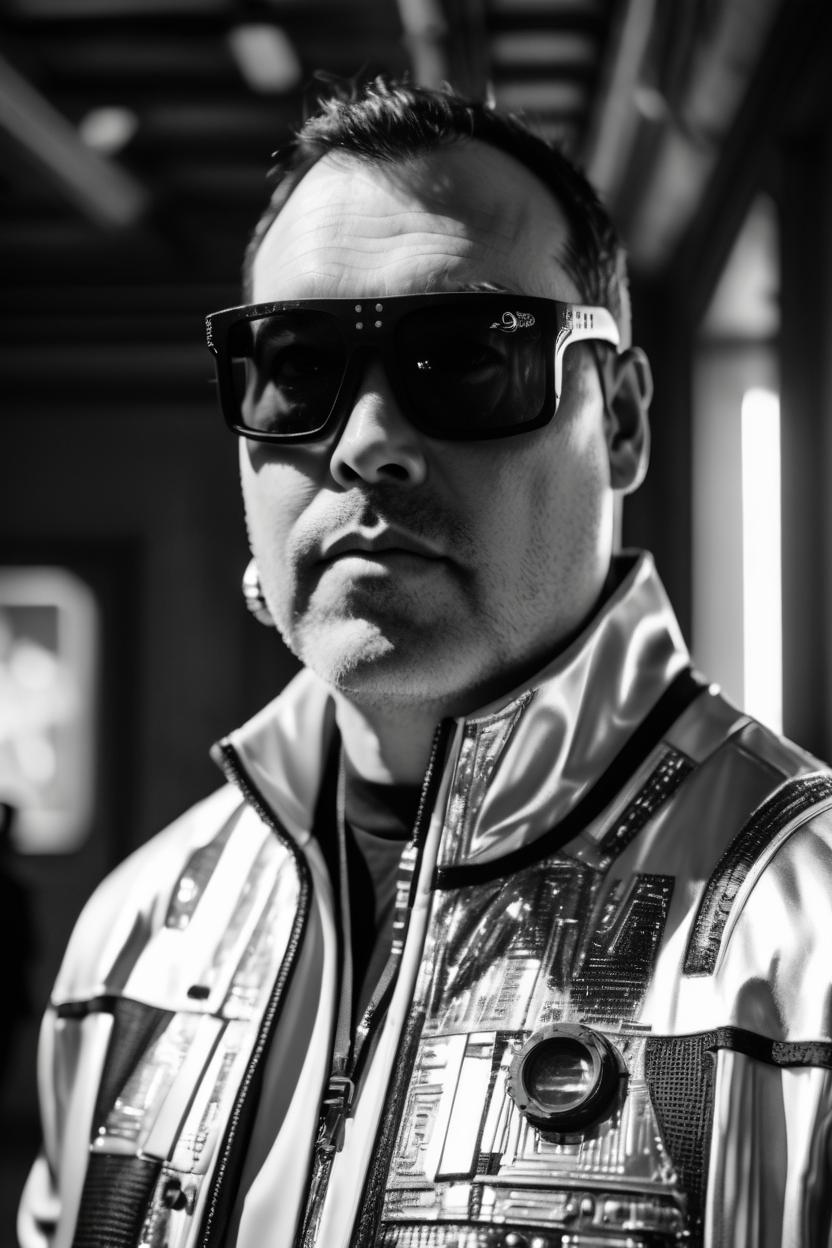 Artificial Intelligence (AI) generated image art, man, wearing futuristic hiphop fashion, inside berghain, futuristic fashion, photo 3 5 mm leica, hyperdetail, 8 k, very detailed, black and white