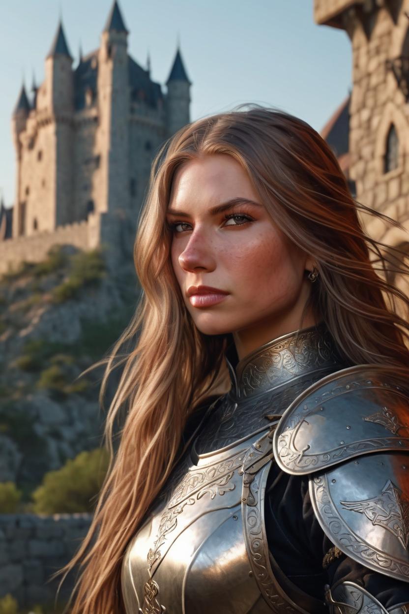 Artificial Intelligence (AI) generated image art, woman, ((portrait)), close-up, fantasy knight, gorgeous intricate armour, dnd, long flowing hair, (castle in background), art by Greg Rutkowski, highly detailed, sharp focus, 4k