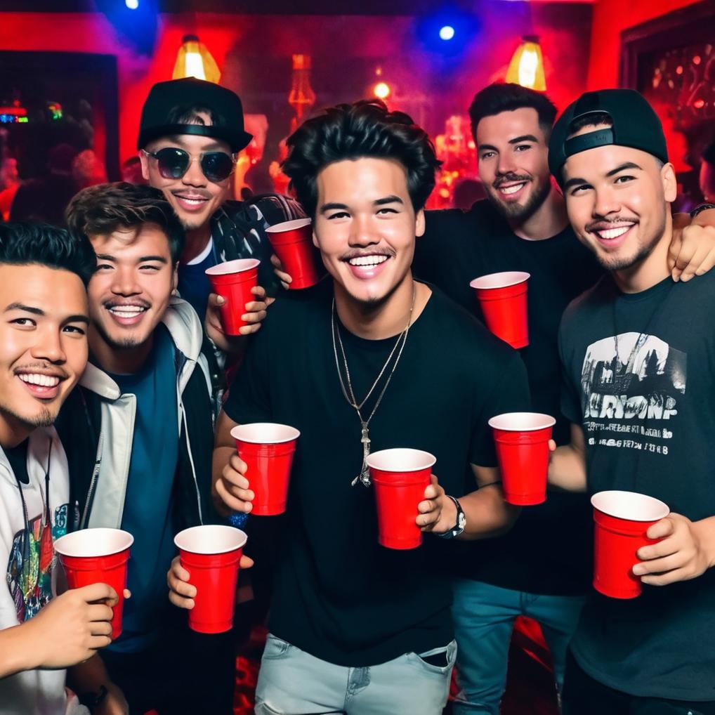 Artificial Intelligence (AI) generated image art, johns is the life of the party in this hyper-realistic candid photo, johns has a natural smile and surrounded by friends holding red solo cups. The friends all have unique faces and appear different than the face of man. man has a natural and detailed handsome face, with thick eyebrows. The crazy party is in a luxurious mansion, and everyone is wearing cool hip hop clothing. it is night, the background is dark, but the party and its subjects are well lit by colorful leds.