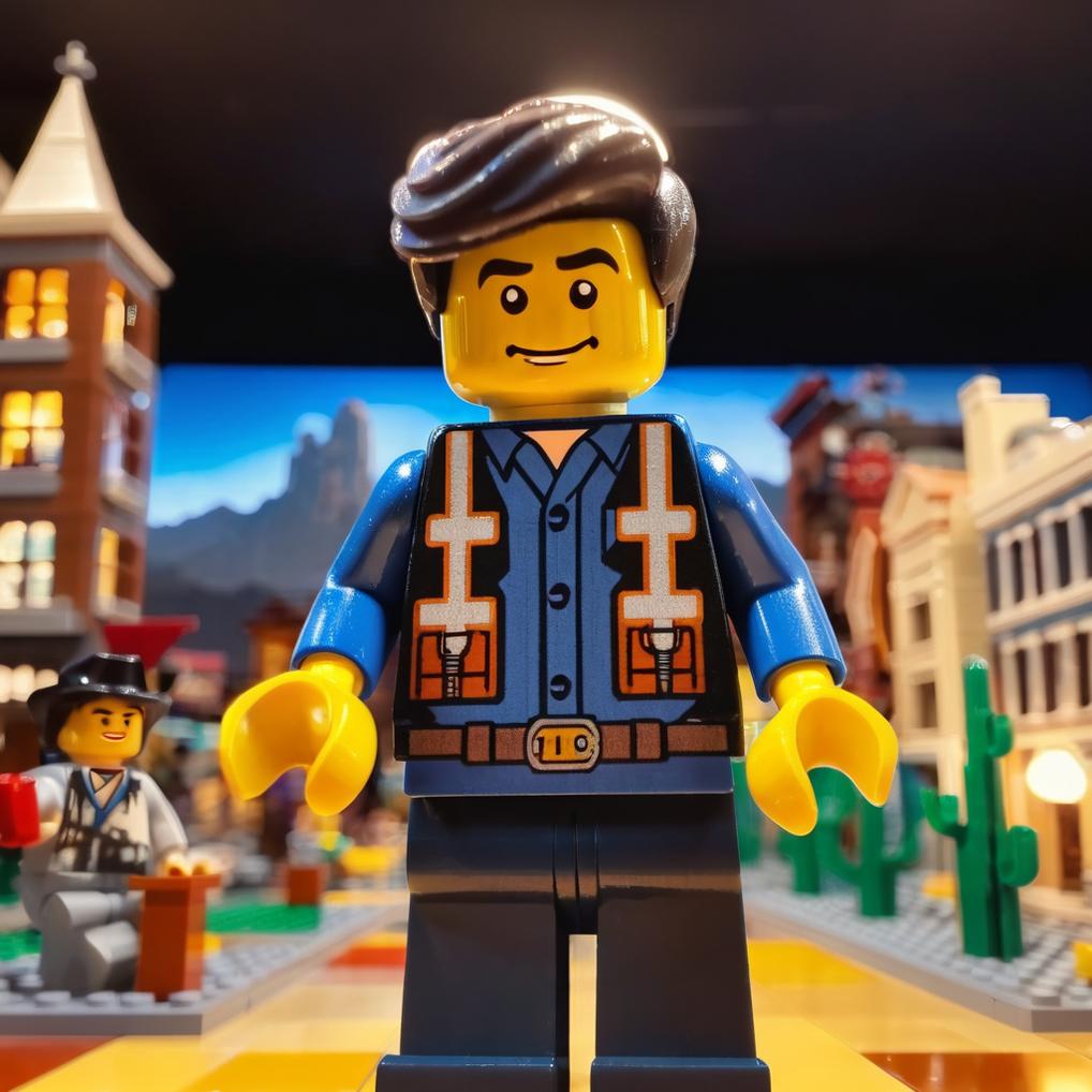 Artificial Intelligence (AI) generated image art, man, as a Lego character in the style of 2014 The Lego Movie, 2 dimensional, Lego city in the background, The Old West, bokeh, soft lighting, vignette