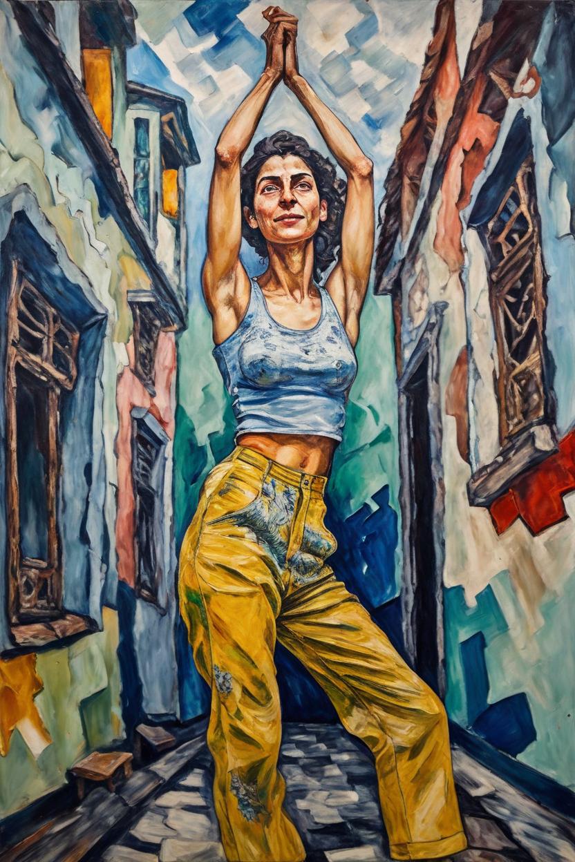 Artificial Intelligence (AI) generated image art, A remarkable (((fullbody view))) of woman (small empty area above head) in a very impressive oil painting in the style of Oskar Kokoschka