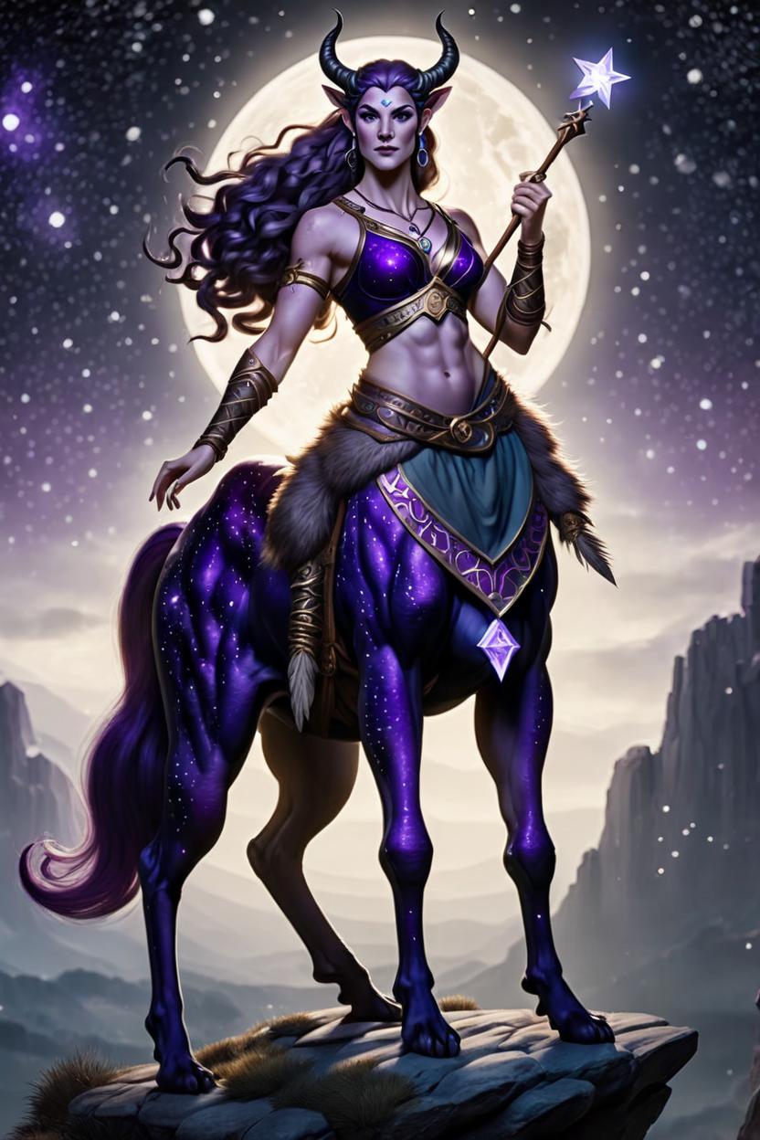 Artificial Intelligence (AI) generated image art, Female Druid centaur with midnight purple flanks and star speckles