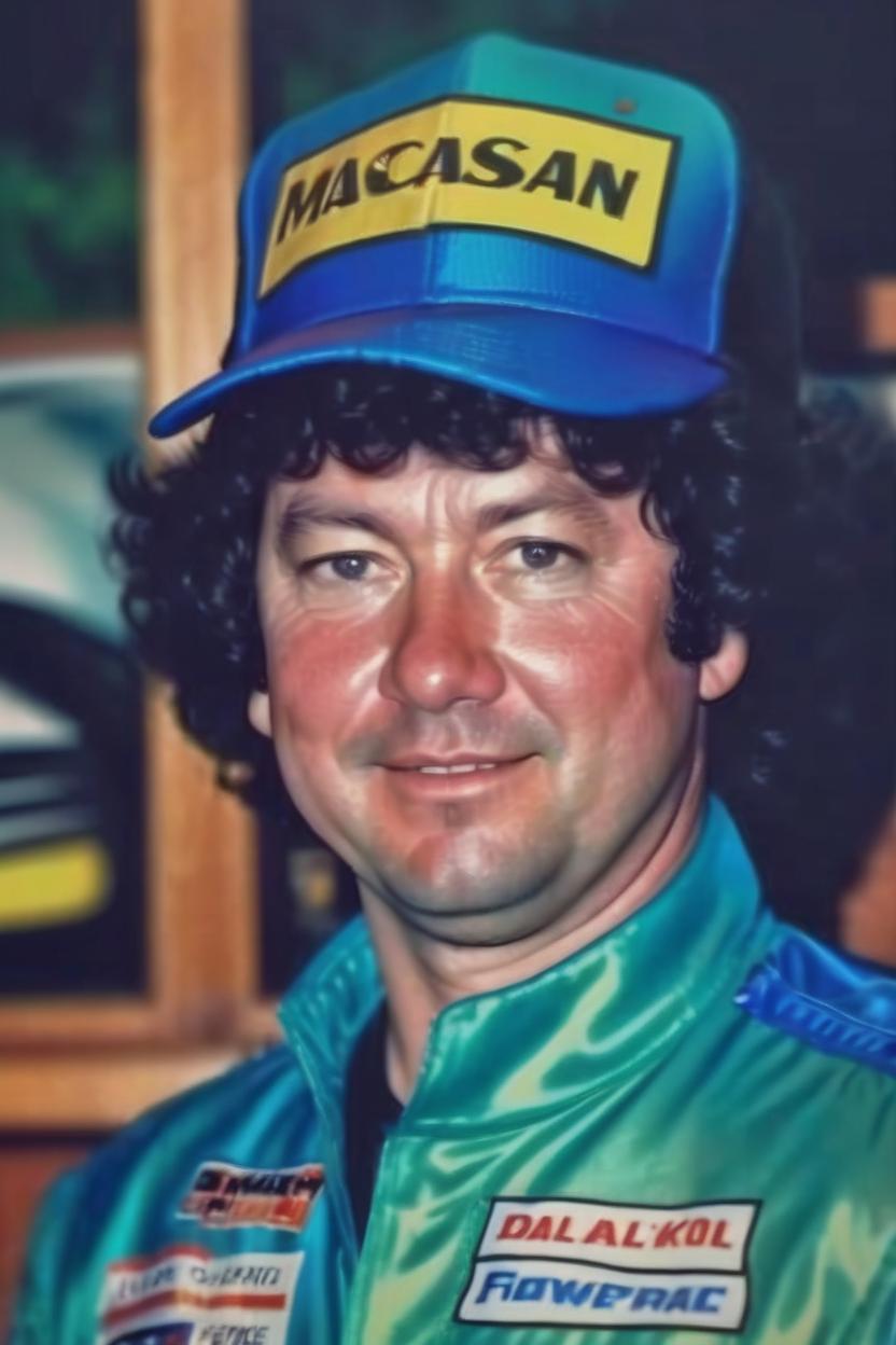 Artificial Intelligence (AI) generated image art, man, is a 44 year old man , dressed in 1970s fashion clothing, he has short black curly hair under his Nascar racing hat, a metallic blue 1972 Datsun 240 z race car behind him, digital art, art by Greg Rutkowski, highly detailed, sharp focus, 4k, realistic portrait of man, colorful, vibrant colors, a dark green and black forest is behind him, cool guy