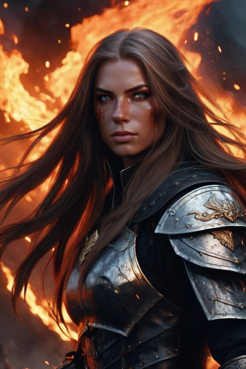 Artificial Intelligence (AI) generated image art, woman, stunningly beautiful portrait, dark fantasy, heroic angel warrior, long hair, fantasy book character, epic scene on battlefield, embers floating, glowing, art by Greg Rutkowski, highly detailed, sharp focus, 4k, hyper realistic, cinematic