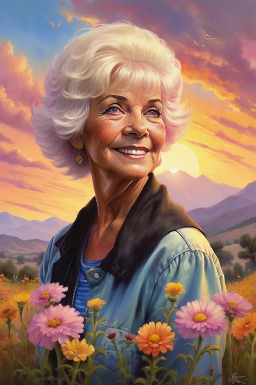 Artificial Intelligence (AI) generated image art, woman dressed as a classic vintage woman, she is 67 years old, healthy woman, youthful appearance, standing peacefully In a big Feild of colorful wildflowers , realistic landscape portrait, she has short blonde white hair, there are pink, yellow and orange sunset clouds above her head, art by Boris Vallejo, art by Julie Bell, illustration, 80s fantasy art, portrait, landscape
