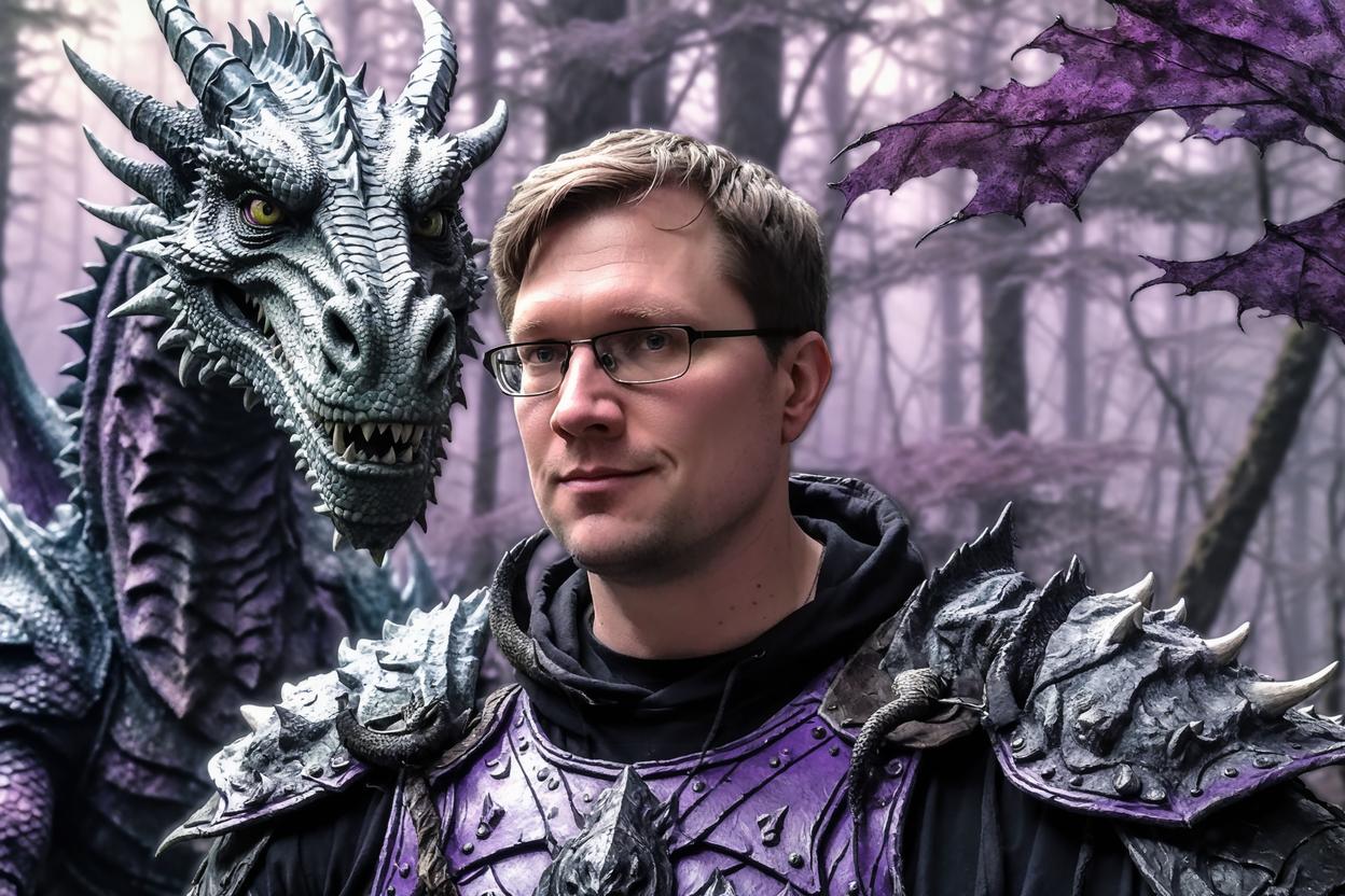 Artificial Intelligence (AI) generated image art, man as a forest warrior, (with a majestic dragon companion in the background), (portrait), art by Greg Rutkowski, with (black, gray, white, purple) surroundings, 8k, (highly detailed),