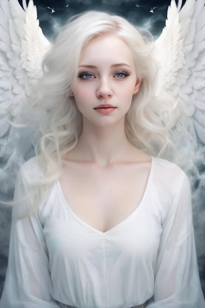 Artificial Intelligence (AI) generated image art, woman as an innocent beautiful angel, illustration, innocent, a pair of broken wing, symmetrical, pale skin, floating among the cloud, white blonde hair, magical, surreal artistic, realistic, likeness to real person, haunting, ethereal, celestial being, guardian angel, Jamie Lee, real