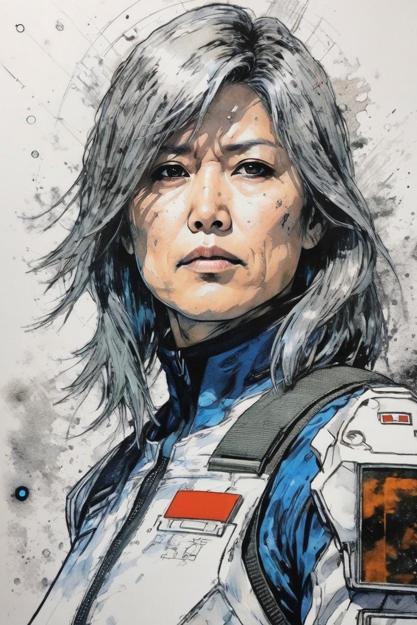 Artificial Intelligence (AI) generated image art, woman, portrait, as gorgeous space soldier, yoji shinkawa, colored ink drawing, ink, manga, concept art