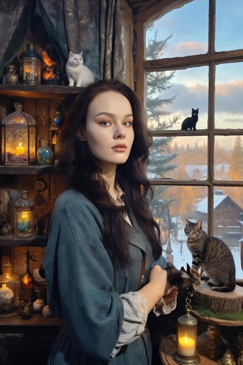 Artificial Intelligence (AI) generated image art, woman in a magical fantasy setting, realistic face, as an owner of the magical potion shop, holding a potion and having potions in the background in the room, with a window with a majestic view behind it, and with 3 cats running around in the room. woman's exact facial features, woman's exact facial shape, woman's exact skin color & shade, woman's unique face & body emphasized over generic beauty standards. Hyperrealistic face. clear symmetrical eyes, appealing stare