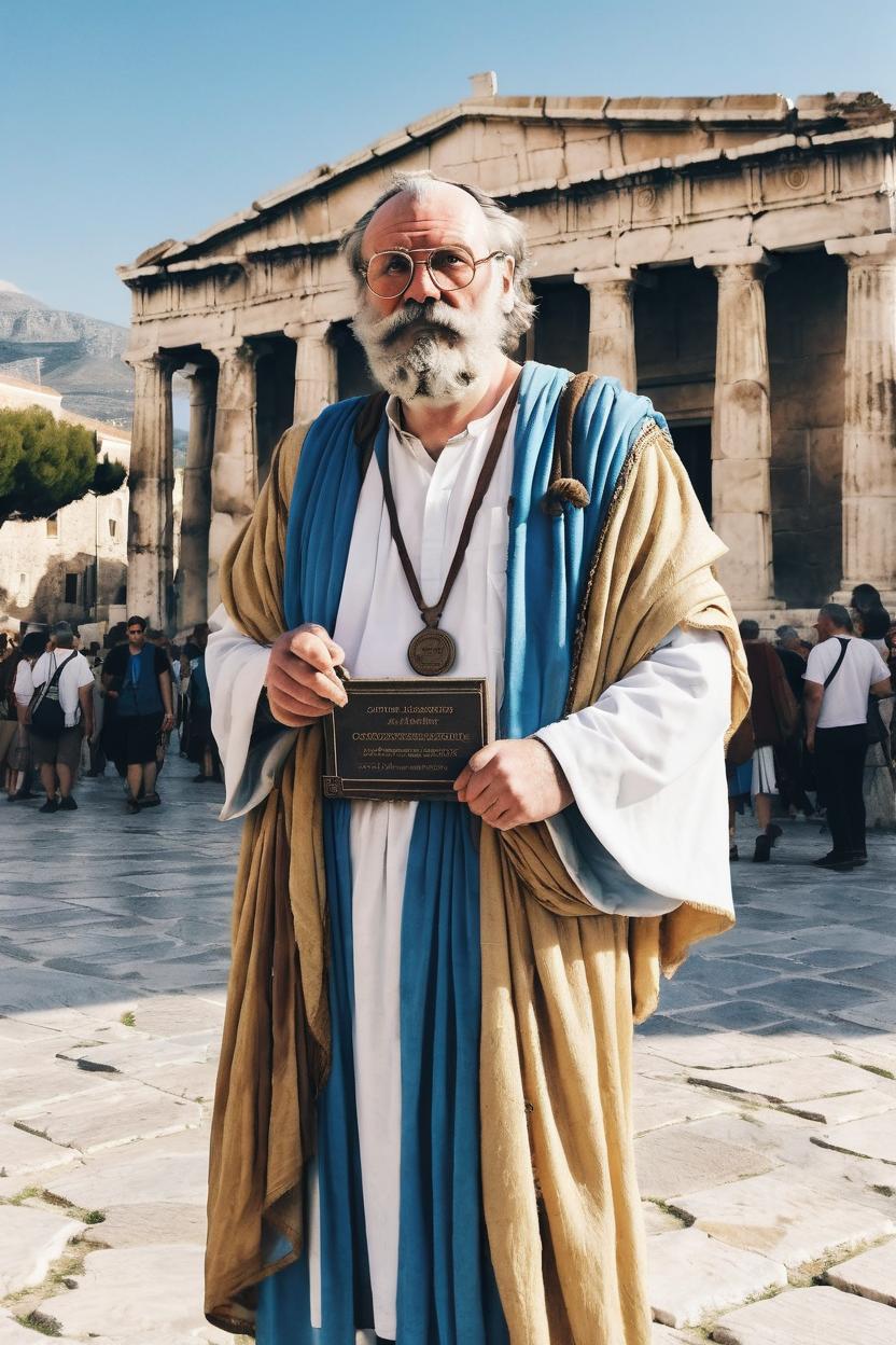 Artificial Intelligence (AI) generated image art, man, realistic, dressed as an ancient Greek philosopher, in ancient Greek town square