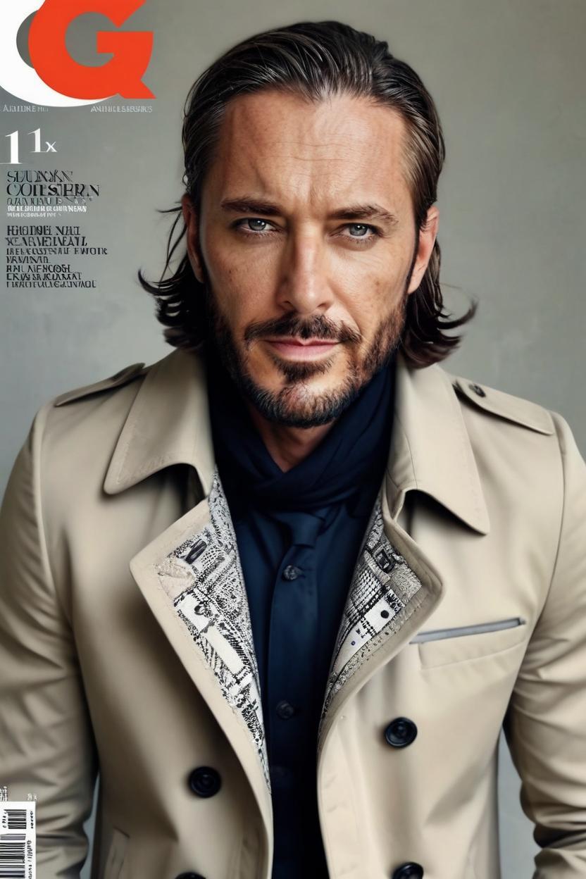 Artificial Intelligence (AI) generated image art, man as GQ magazine cover male model, autumn issue, sharp suit, stylish trench coat, scarf, amazing, style of Annie Leibowitz, confident, fit, intricate, highly detailed, digital art, 4k