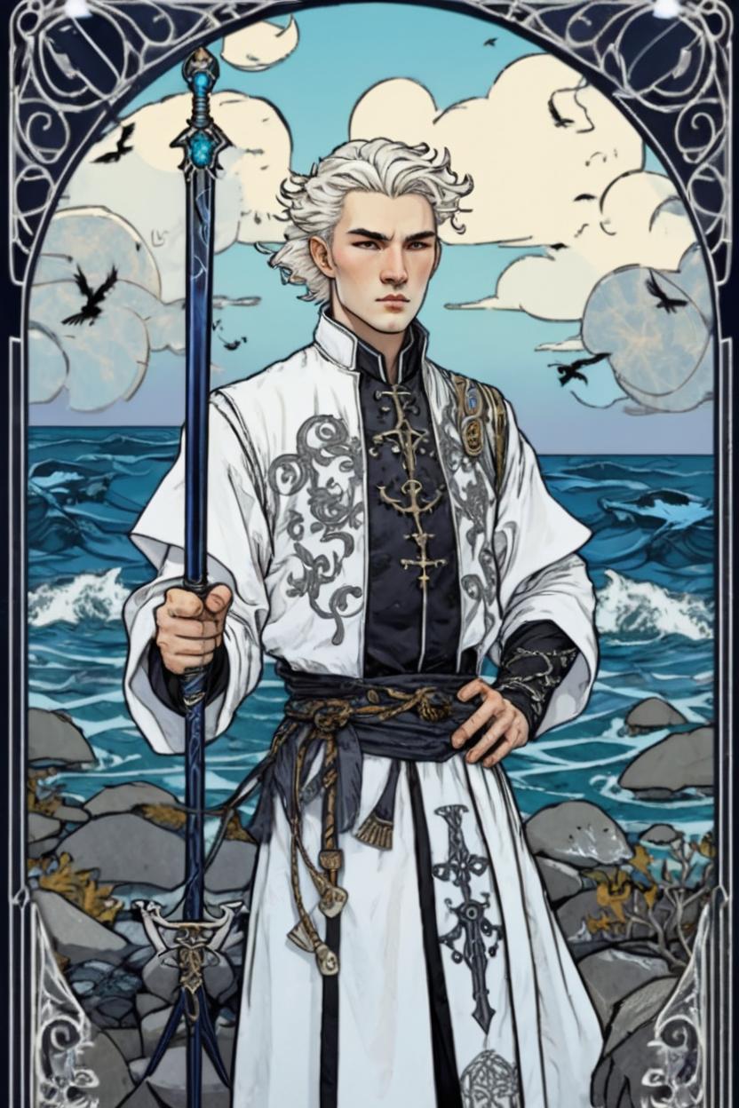 Artificial Intelligence (AI) generated image art, man, portrait, artwork by Ivan Bilibin, Art Nouveau, tarot card, god, two of swords tarot card, ocean in background, surrounded by swords sticking out of the ground, white hair, as a demigod, ravens, all white robes