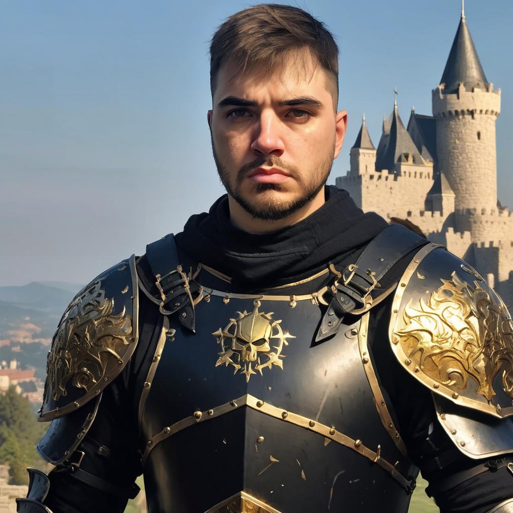 Artificial Intelligence (AI) generated image art, man as fantasy knight, dnd, ((in black armor with golden symbols)), (castle in background), art by Greg Rutkowski, highly detailed, sharp focus, 4k