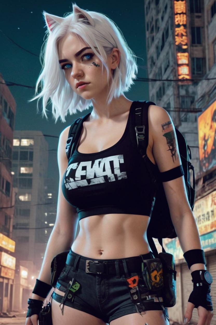 Artificial Intelligence (AI) generated image art, woman, White eyes, white hair, strapped, guns, apocalypse atmosphere, nighttime, hot body, crop top, backpack, shorts, laced boots, 3D art style, comic book art style, cat companion, building background