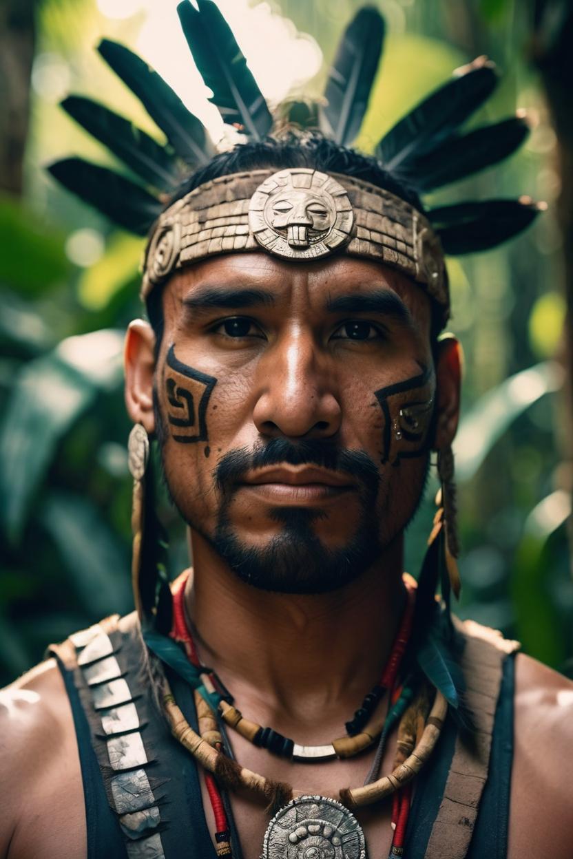 Artificial Intelligence (AI) generated image art, man, Aztec warrior, in the jungle, portrait, Mexican, high quality, The photograph, taken with a Canon 50mm lens, sunlight, 8k