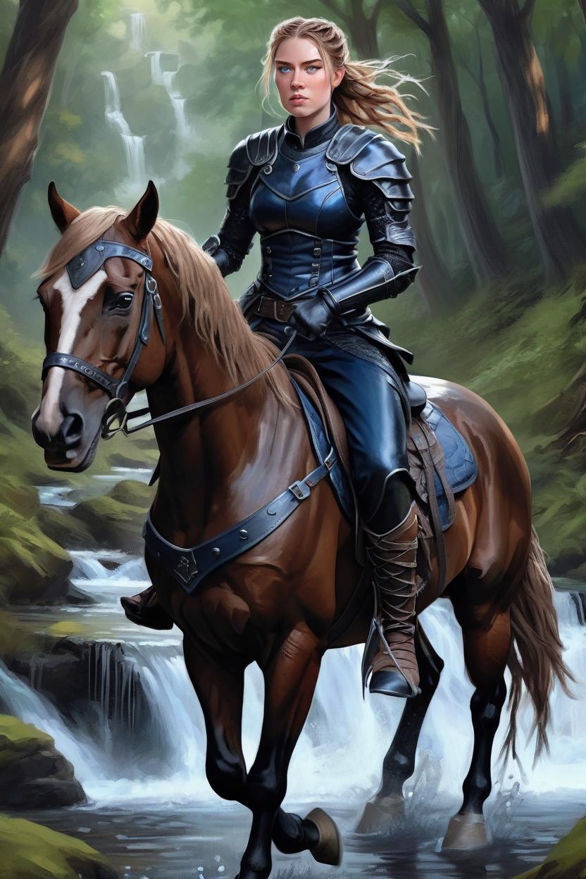 Artificial Intelligence (AI) generated image art, ((woman)), light brown hair in messy braids, dark blue eyes, wearing black rogue leather armor, riding a horse that galloping, fantasy waterfall in forest background, DnD, dark fantasy art by greg rutkowski, high depth of field