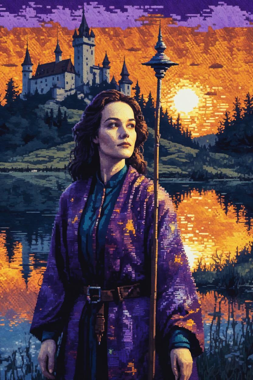 Artificial Intelligence (AI) generated image art, (portrait of woman), as a wizard at a magic lake with castle, with a magic staff, halftone dot, in the style of conceptual embroideries, bernie wrightson, pixelart, digitally enhanced, albert pinkham ryder, in the style of embroidery, retro video game pixel graphics, stitched, jim burns, cinestill 50d, detail, gilbert williams, pixel art, purple sunset, stars in sky, woman's exact facial features, woman's exact facial shape, woman's exact skin color & shade, brown eyes