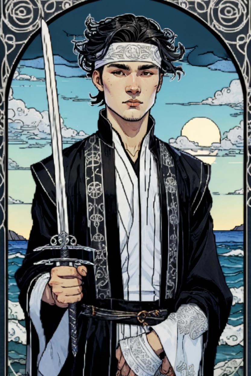 Artificial Intelligence (AI) generated image art, man, portrait, artwork by Ivan Bilibin, Art Nouveau, tarot card, god, two of swords tarot card, blindfolded, ocean in background, holding 2 swords, black hair, as a demigod, ravens, all white robes