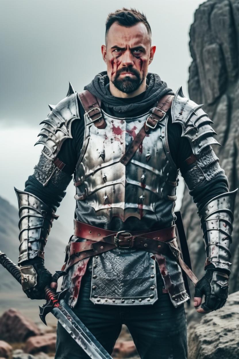 Artificial Intelligence (AI) generated image art, man, (((portrait))), (fantasy knight), wearing bloodied full body armor, standing on rock with monster in background, 4k, holding a sword and ready to fight
