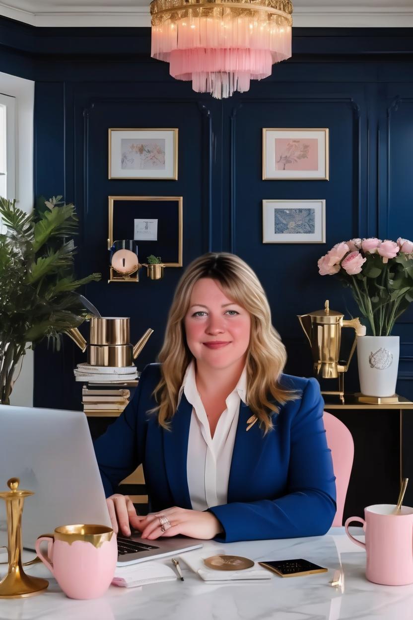 Artificial Intelligence (AI) generated image art, woman, setting in a barock inspired office in the colors of dark blue, gold, white, bluse pink, wit a laptop and a cup of coffee