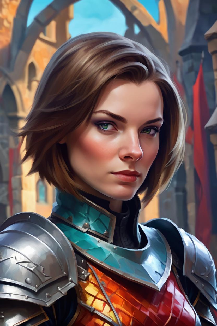 Artificial Intelligence (AI) generated image art, woman, Baldur's Gate official portrait, airbrush style, illustration, character, fantasy_character, 1024x768, close up portrait, asymmetrical, rpg portrait by Justin sweet, colourful abstract background, female, beautiful, seductive make up, bob haircut, paladin, plate armour, tilted head, abstract background of castle, commanding expression, attractive, masterpiece, highest quality