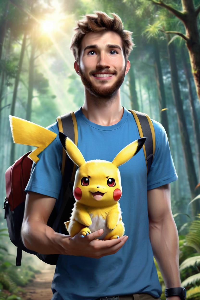 Artificial Intelligence (AI) generated image art, man, as a pokemon trainer, travelling through a forest, holding his pokemon Pikachu with one arm, looking excited, ((art by artgerm)), in the movie detective Pikachu