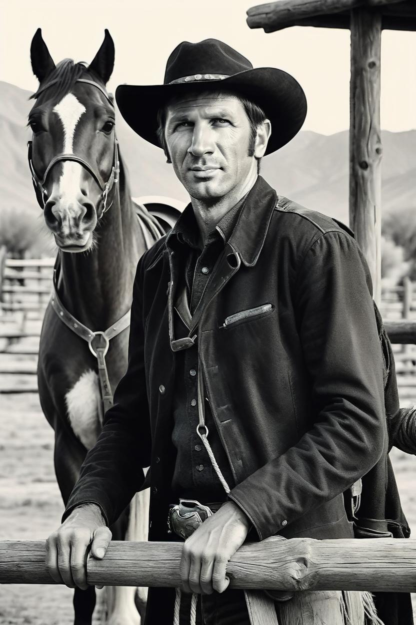 Artificial Intelligence (AI) generated image art, photo of man, b&w, 1900 photograph, vintage, portrait, photorealistic, asvperiod wild west one cowboy, leading horse, hitching post in background, art by artgerm, contrast