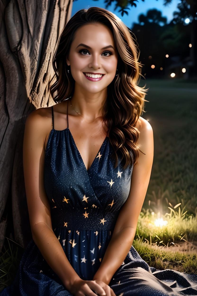 Artificial Intelligence (AI) generated image art, woman, side profile, sitting on the ground, back leaning against a tree, wearing a maxi summer dress. Nighttime, dark lighting, star filled sky, lightening bug brilliantly lit up in front of woman.