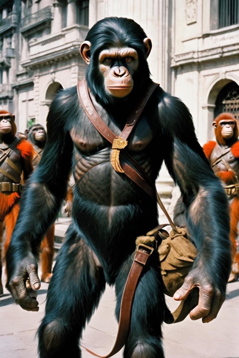 Artificial Intelligence (AI) generated image art, man, as Ceasar from planet of the apes, planet of the apes, 1968 film, by Pierre Boulle, chimpanzee, with ape army