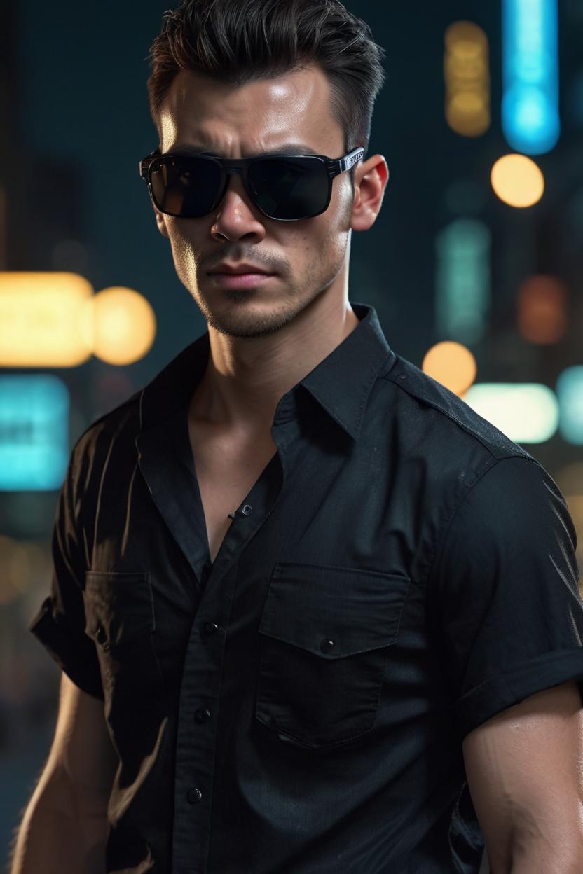 Artificial Intelligence (AI) generated image art, night portrait, ((dark lighting)), (urban background), photorealistic, cinematic, highly detailed, sharp focus (((60 kilogram))), (((fit body))), (((healthy)) (( 20 years old)) wearing sunglasses and a black unbuttoned shirt, highly detailed, UHD, 8K, Ghost in the shell, Blade Runner, Trending on artstation, bokh, dof