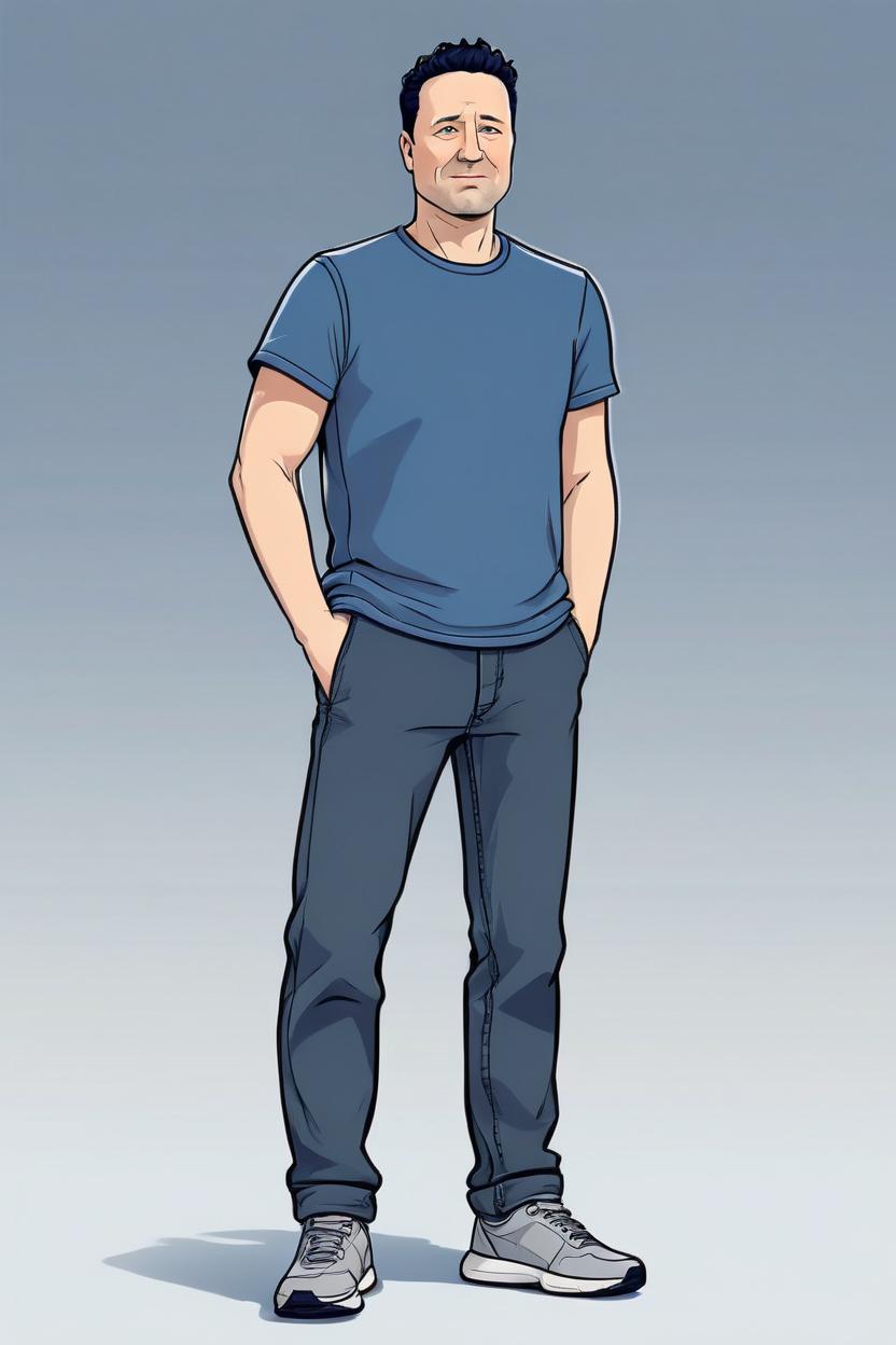 Artificial Intelligence (AI) generated image art, A flat, vector-style digital illustration of a man in a minimalist and cartoon-like style. man has a neutral expression, short dark hair, and simple facial features with minimal detail. He is wearing a plain gray short-sleeve t-shirt, dark blue jeans with subtle creases, and navy blue sneakers with white soles. His arms are straight at his sides, and his body proportions are elongated with a clean and simple design. The background is plain white.